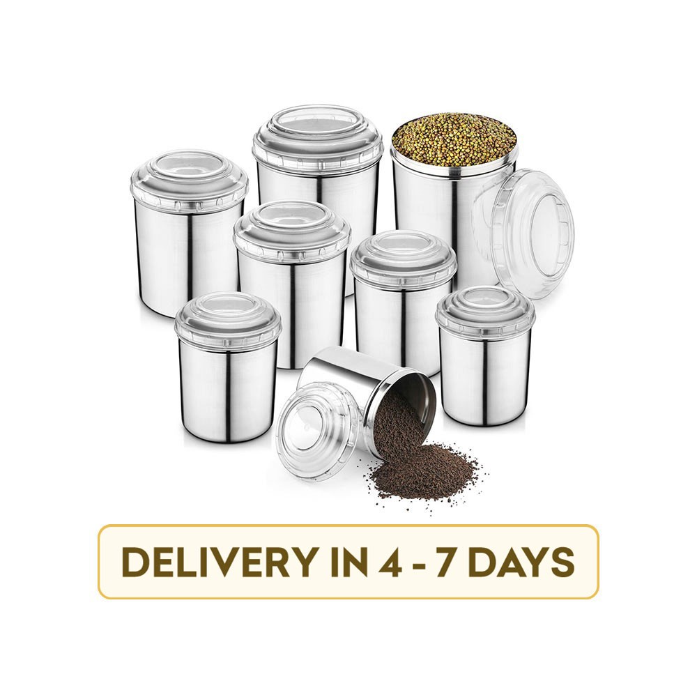 Jensons JEN-C8-W-028 with White Lids Grocery Container, Tea Coffee & Sugar Container, Utility Box, Spice Stainless Steel 8 Pcs Canister Set (White)