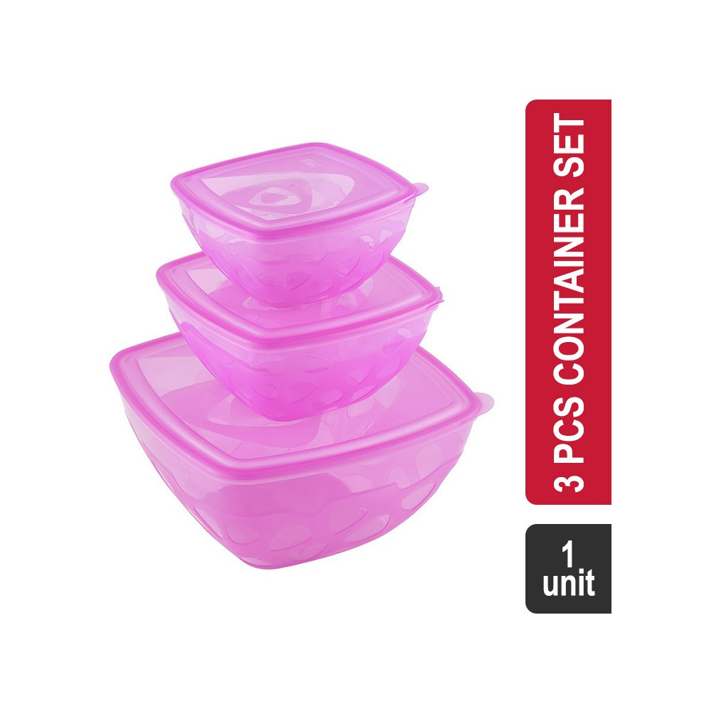 Flair Polypropylene Super Saver Container Set 3 Pcs (650 ml, 1100 ml, 3000 ml, Pink) (Fiesta)