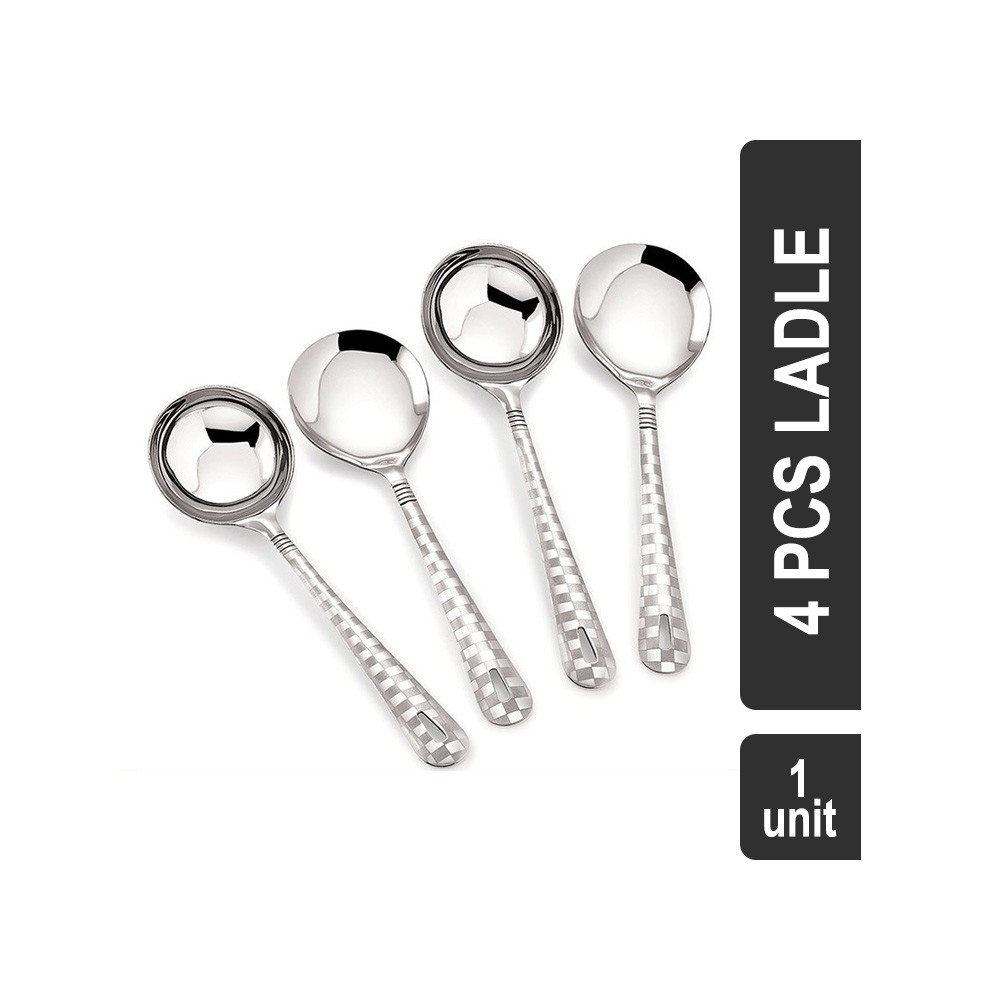 Roops RLO4CHB Lovely Cook and Serve Oval Checkers Stainless Steel 4 Pcs Ladle (Silver)