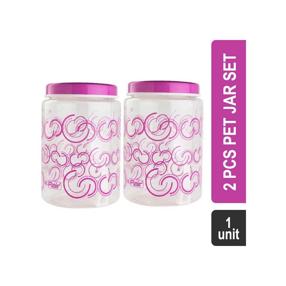 Flair Polyethylene Terephthalate Jar Set 2 Pcs Pet (1.5 l, White and Pink) (FLH-165 Regular Lid with Spoon)